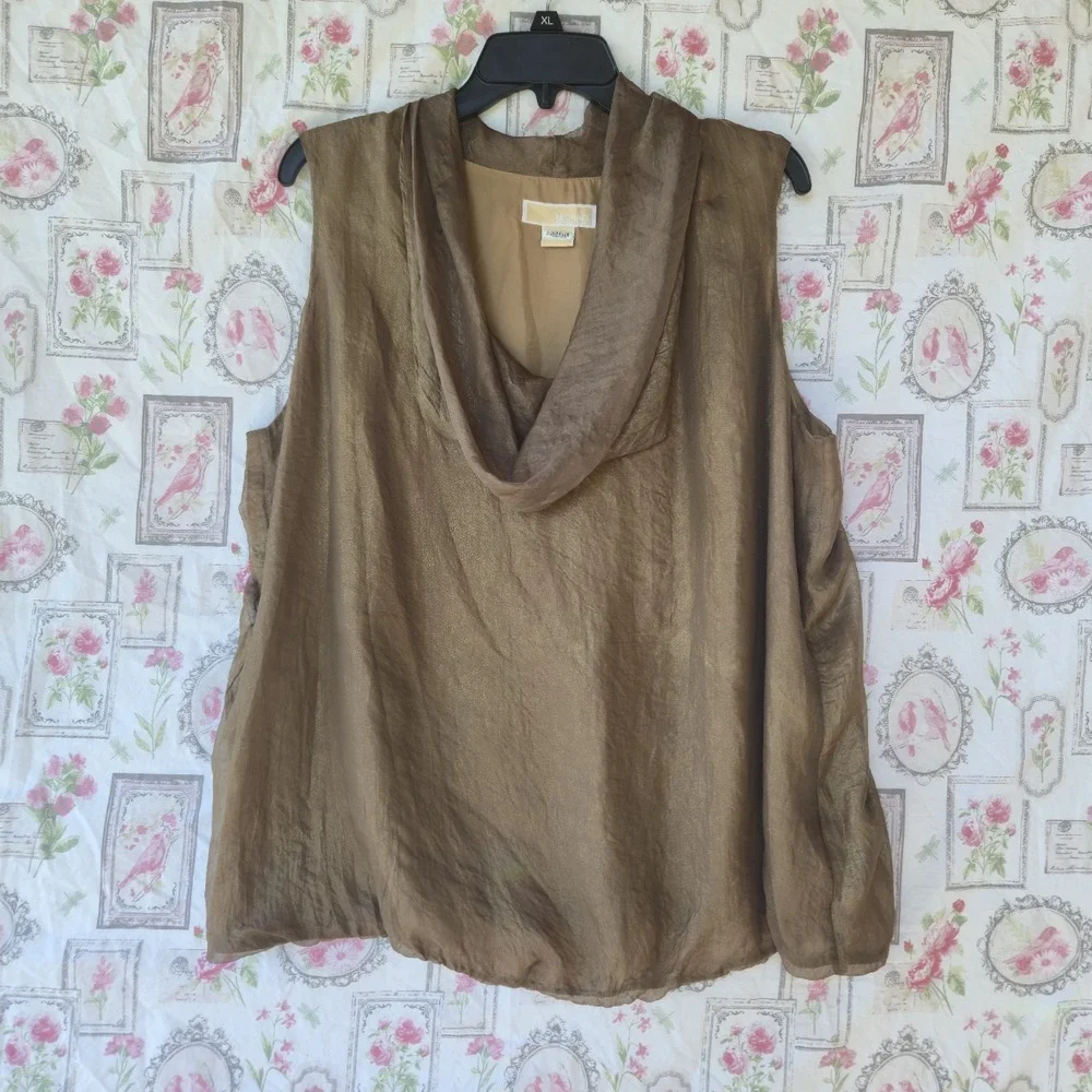 Michael Kors Brown Cowl Neck Sleeveless Blouse 2XL Metallic Sheen Lined Top Luxe